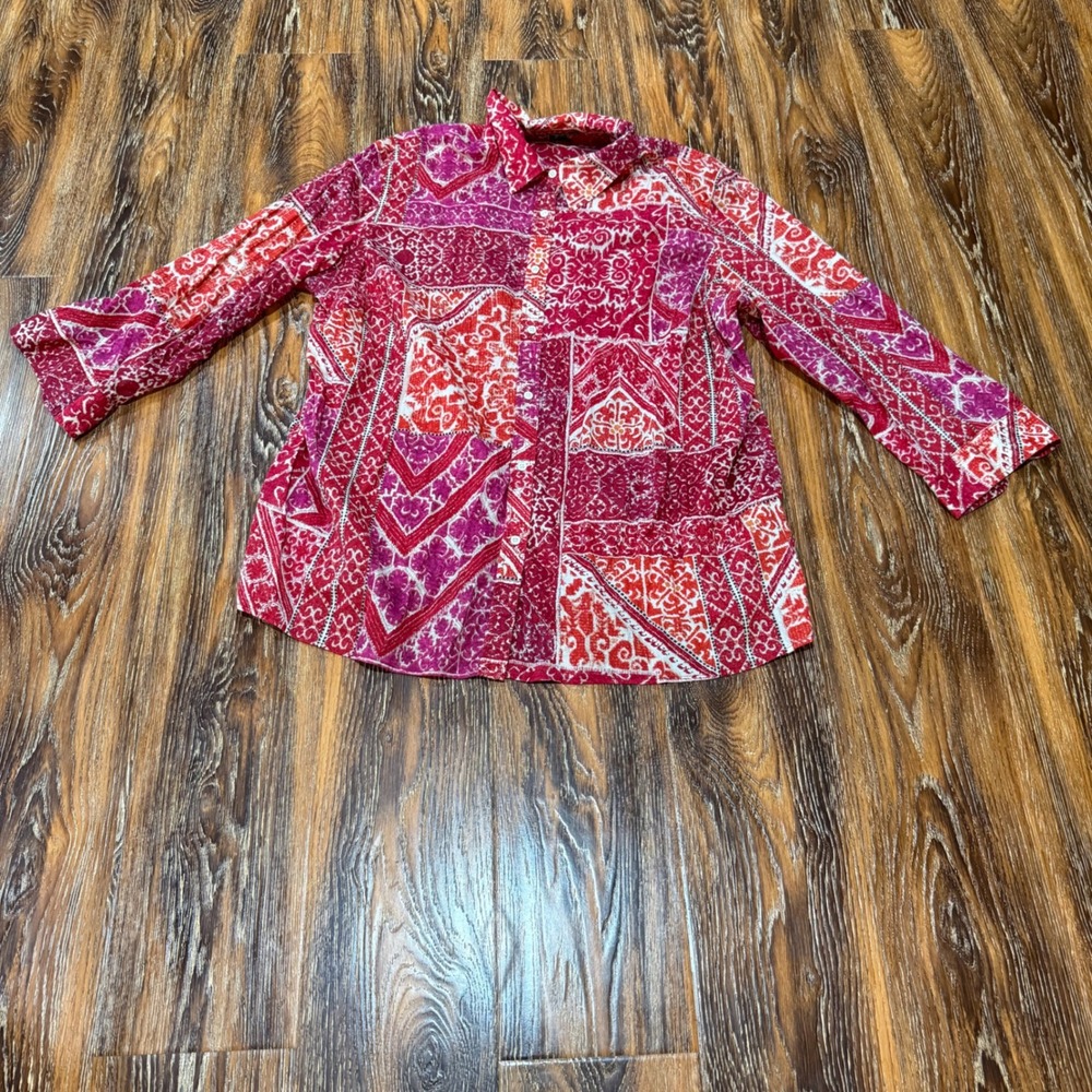 VTG Ralph Lauren Red Pink Patchwork Paisley Cotton Blouse 2X 3/4 Sleeve Shirt